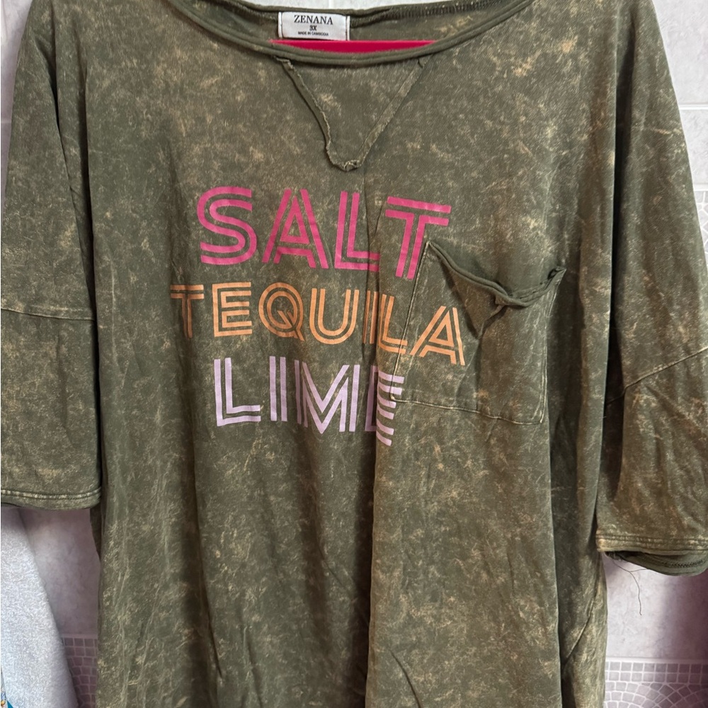 Zenana Outfitters Olive Tee with Pink Accent salt lime tequila